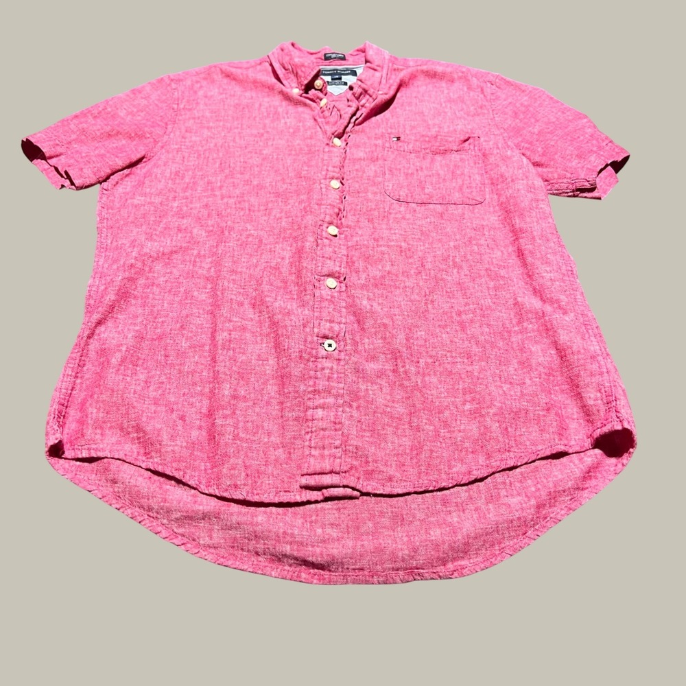 Tommy Hilfiger Mens Red White Linen Cotton Short Sleeve Button Down Shirt Large